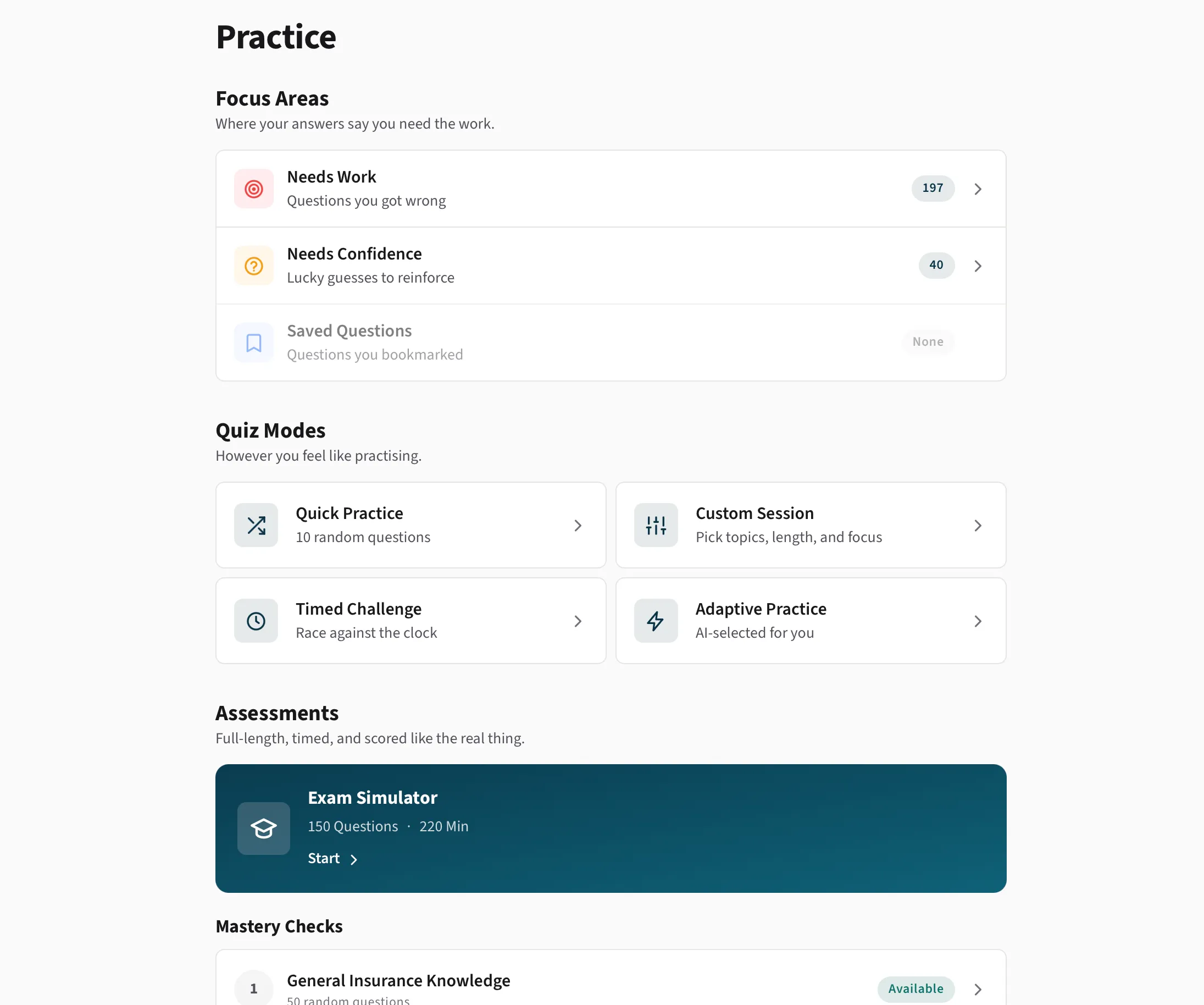 Get Cleared practice screen with focus areas, four quiz modes, and a full-length exam simulator card.
