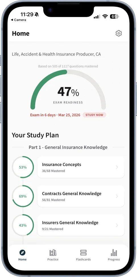 The Get Cleared iPhone app on its home screen, showing an exam-readiness gauge and study plan.