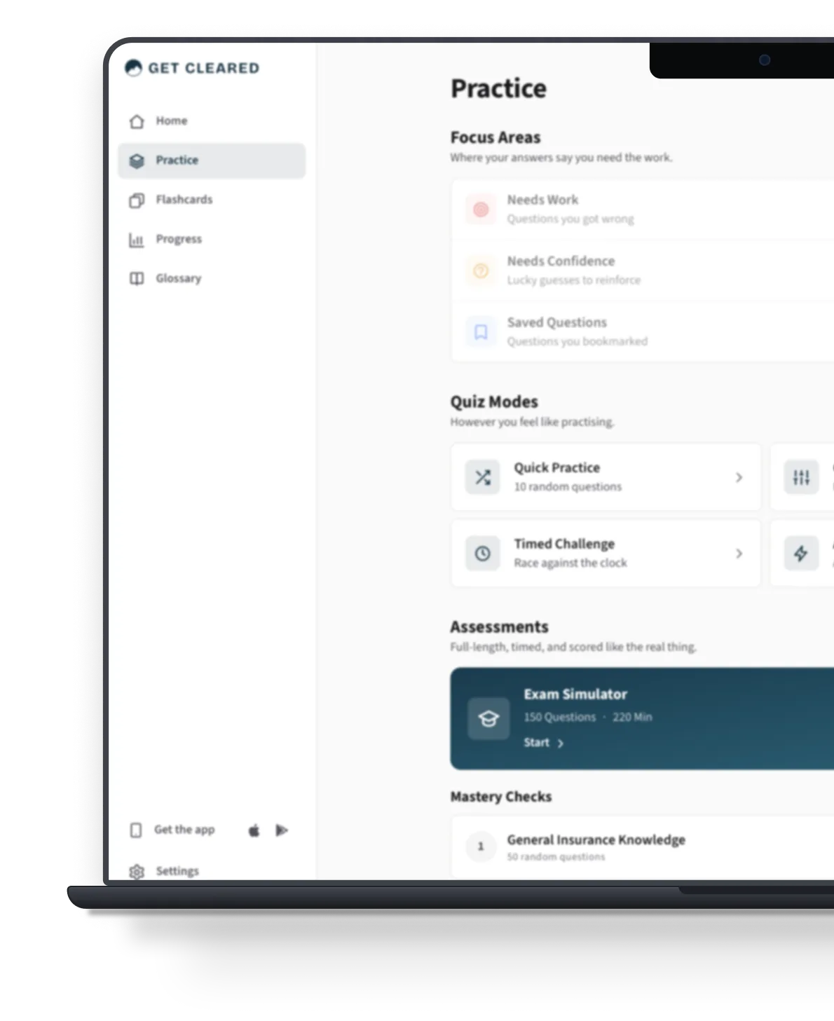 Get Cleared practice modes and exam simulator displayed on a laptop.