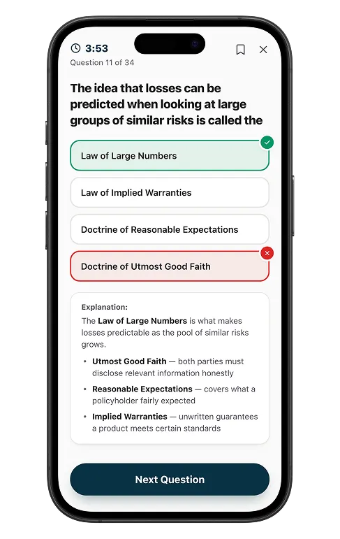 Get Cleared on an iPhone, showing an insurance practice question, correct and incorrect answer feedback, and a detailed explanation.