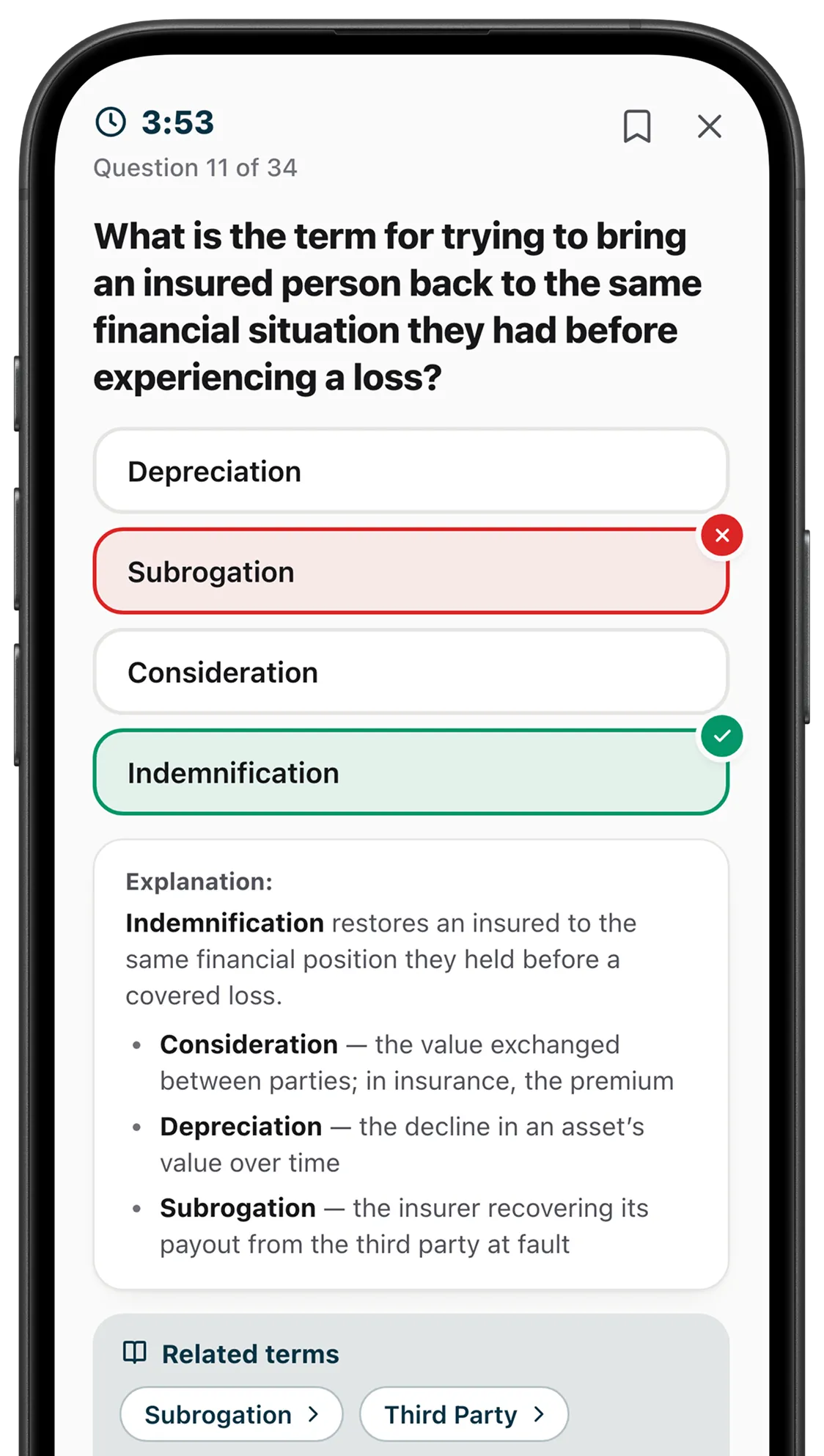 Get Cleared mobile practice question showing the correct answer, an incorrect choice, and a detailed explanation.